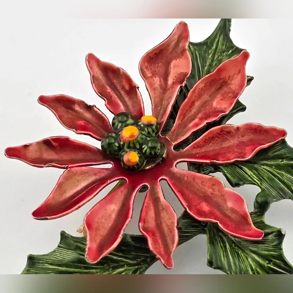 Vintage Enamel Poinsettia Flower Christmas Brooch Pin